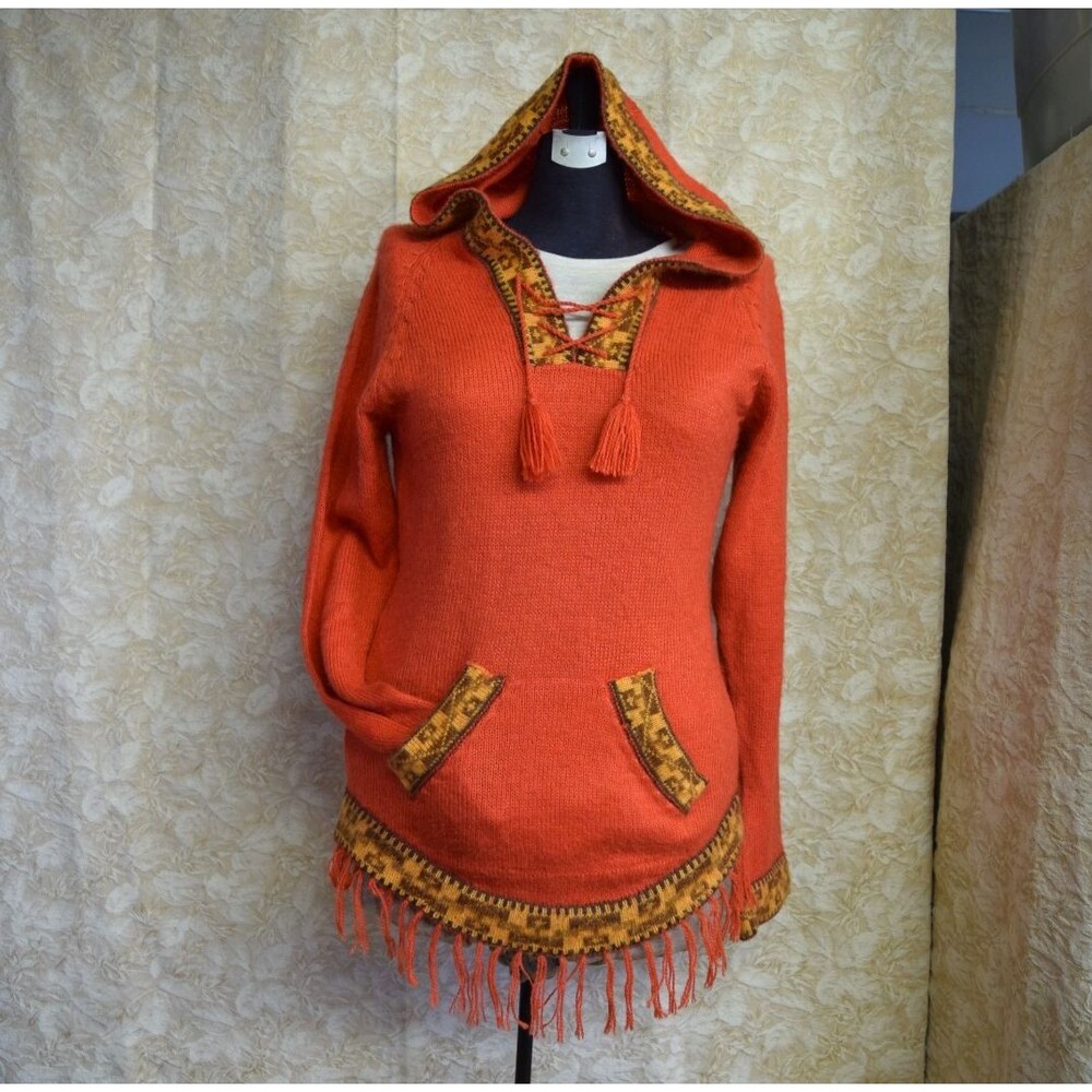 Scully 90% Alpaca Wool Aztec Boho Western Hoodie Sweater Sz Med Orange Southwest